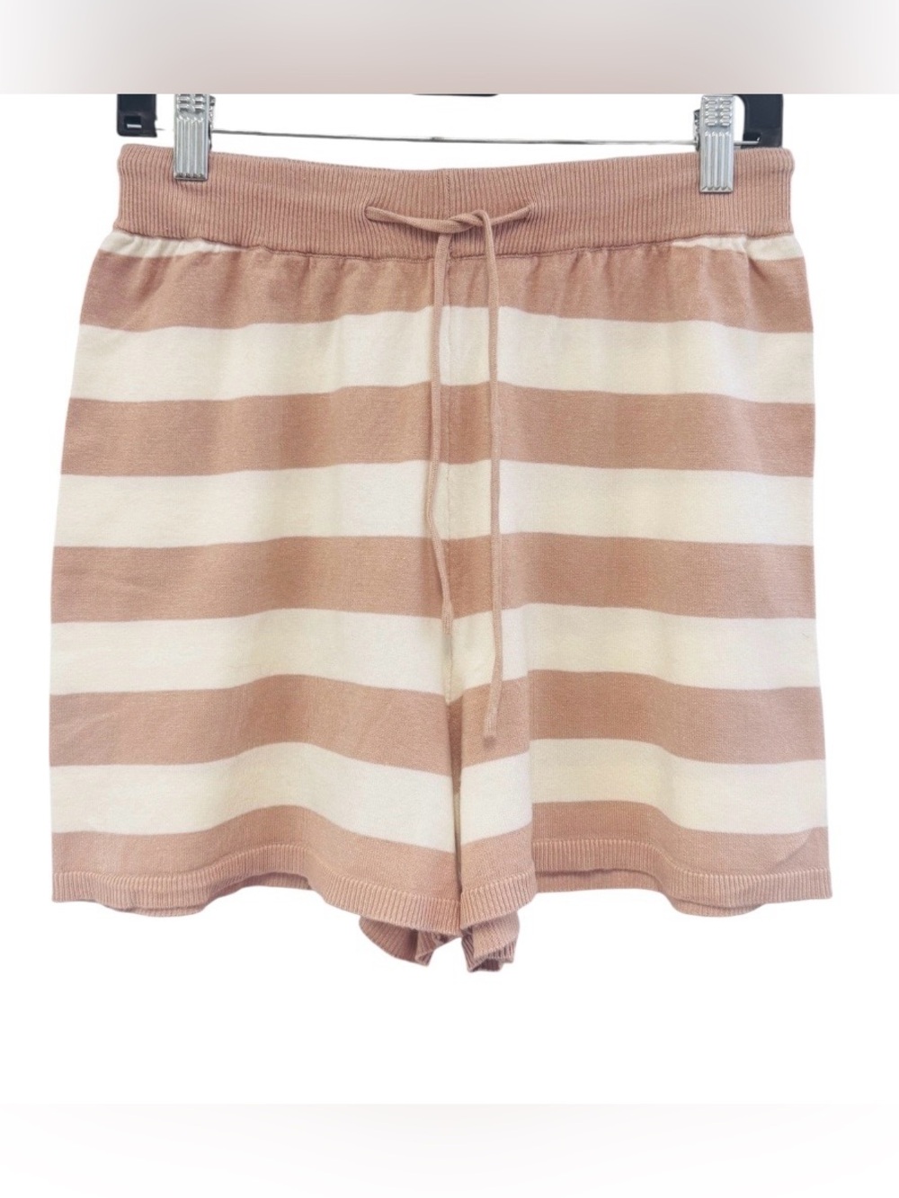 Pink Lily Striped Knit Drawstring Women's Shorts - Tan & Cream Medium
